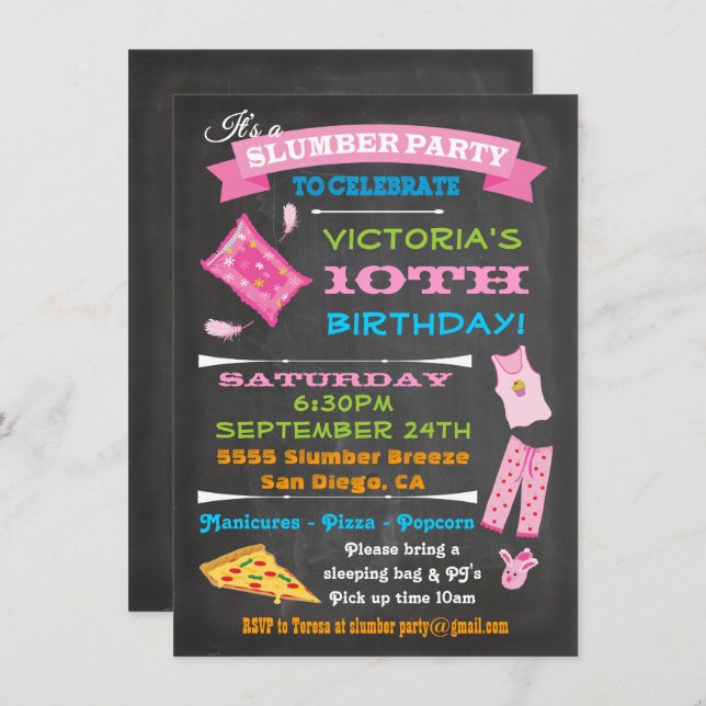 Chalkboard Sleepover Slumber Party Spa Birthday Invitation (Front/Back)