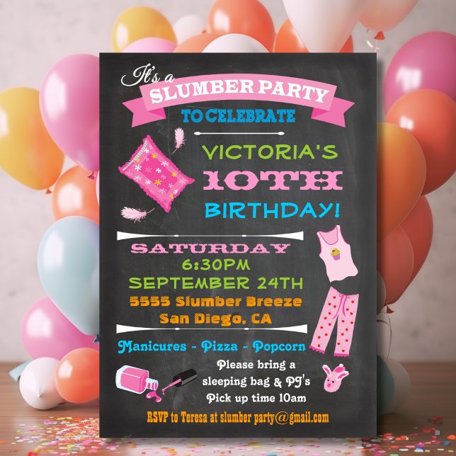 Chalkboard Sleepover Slumber Party Spa Birthday Invitation (Creator Uploaded)