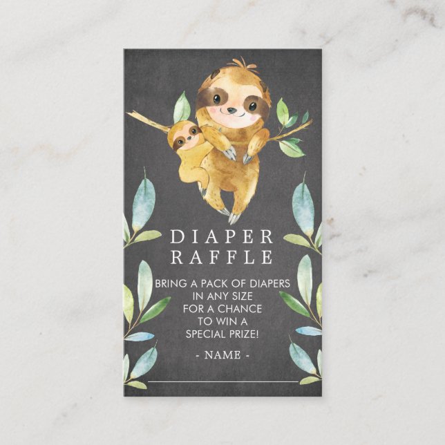 Chalkboard Sloth Baby Shower Diaper Raffle Ticket Enclosure Card (Front)