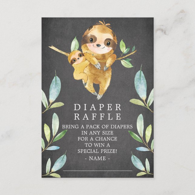 Chalkboard Sloth Baby Shower Diaper Raffle Ticket Enclosure Card (Front)