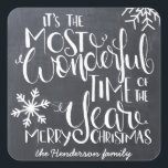 Chalkboard Snowflake Wonderful Merry Christmas Square Sticker<br><div class="desc">Beautiful typography based holiday sticker. "It's the most wonderful time of the year" appears in white hand-lettered typography on a charcoal grey chalkboard background accented with white snowflakes.</div>