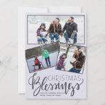 Chalkboard snowing Christmas blessings 3 photos Holiday Card<br><div class="desc">Family seasonal holiday greetings three framed photos card on a dark gray chalkboard like background with falling snow and "Christmas Blessings" typography script.        Easy to personalize with your photos and signature!</div>