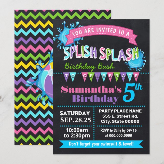 Chalkboard Splish splash birthday bash pink party Invitation (Front/Back)
