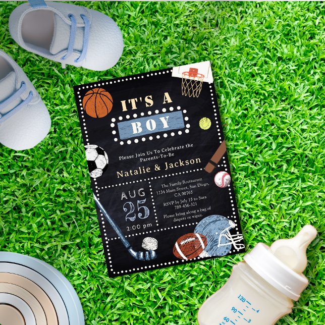 Chalkboard Sport Theme Baby Boy Shower Invitation (Chalkboard Sport Theme Baby Boy Shower Invitation)