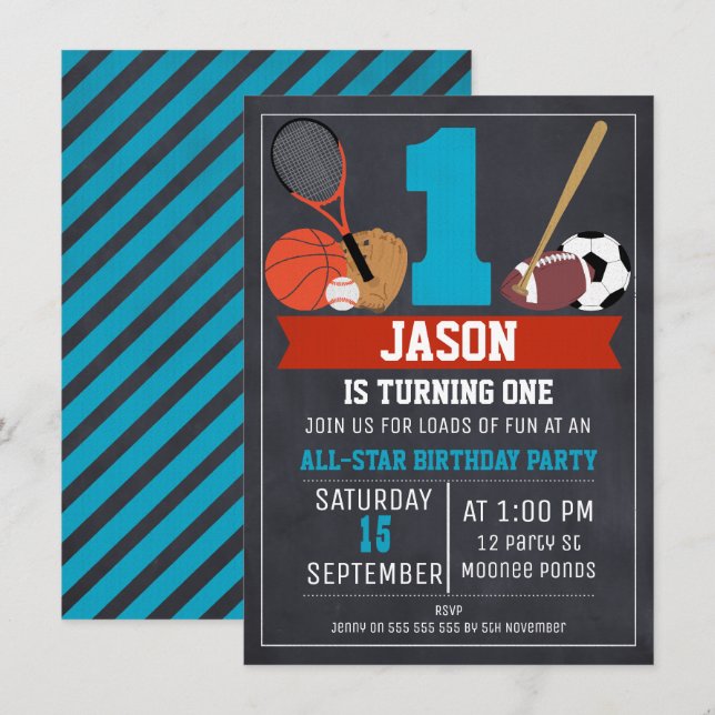 Chalkboard Sports 1er anniversaire Invitation de f (Devant / Derrière)
