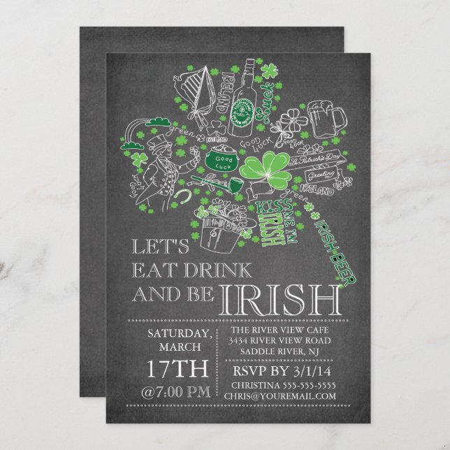 Chalkboard St. Patrick's Day Bash Dinner Party Invitation (Front/Back)