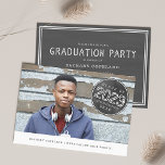 Chalkboard Stamp Photo Graduation Party Invitation<br><div class="desc">Trendy chalkboard graduation photo announcement or party invitation features your landscape oriented photo on the front with a charcoal grey chalkboard style stamp displaying "Class of 20XX" in distressed rustic style lettering. Graduate's name and school are displayed beneath your senior portrait in grey lettering on a white band. Add your...</div>
