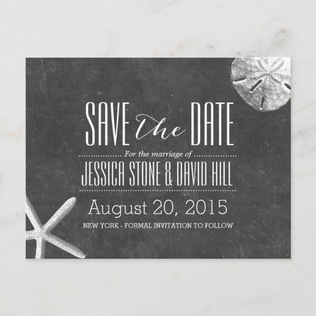 Chalkboard Starfish & Sand Dollar Save the Date Announcement Postcard (Front)