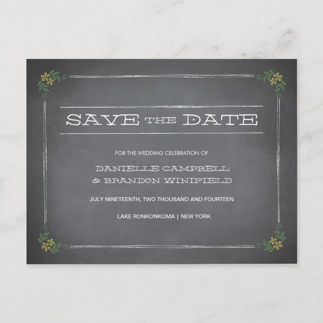 Chalkboard Stencil Yellow Save the Date Announcement Postcard (Front)