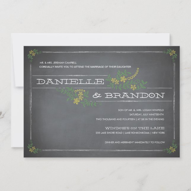 Chalkboard Stencil Yellow Wedding Invitation (Front)