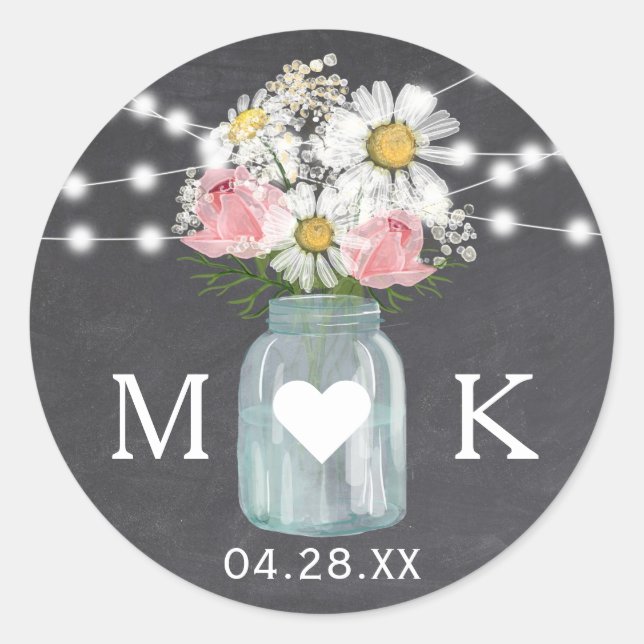 Chalkboard String Lights Flowers Wedding Favour Classic Round Sticker (Front)