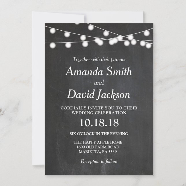 Chalkboard String Lights Wedding Invitation (Front)