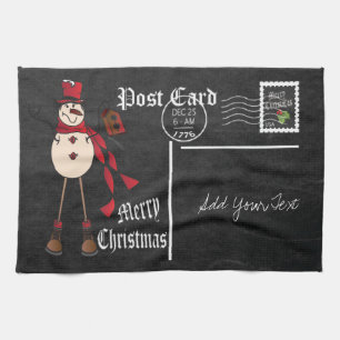 Chalkboard Style Red Snowman Postcard Design Kitchen Towel