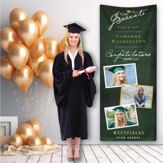 Chalkboard Stylish Script 3 Photo Graduation Party Banner (Green Chalkboard Handwriting Script 3 Photo, Graduation Party Banner @ www.zazzle.com/color_therapy)