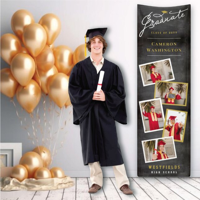 Chalkboard Stylish Script 5 Photo Graduation Party Banner (Black Chalkboard Stylish Script 5 Photo, Graduation Party Banner @ www.zazzle.com/color_therapy)