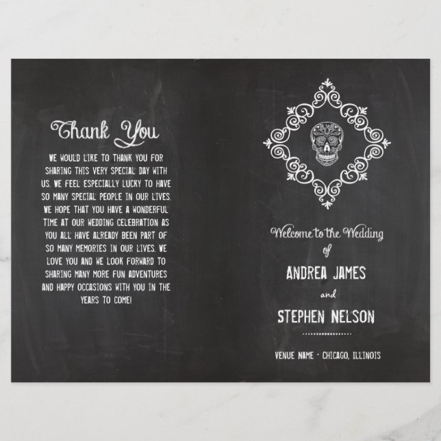 Chalkboard Sugar Skull Flourish Wedding Programmes (Devant)