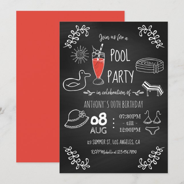 Chalkboard Summer Pool Birthday Party Invitation (Front/Back)