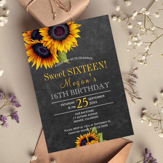 Chalkboard sunflowers chic rustic sweet sixteen invitation (Creator Uploaded)