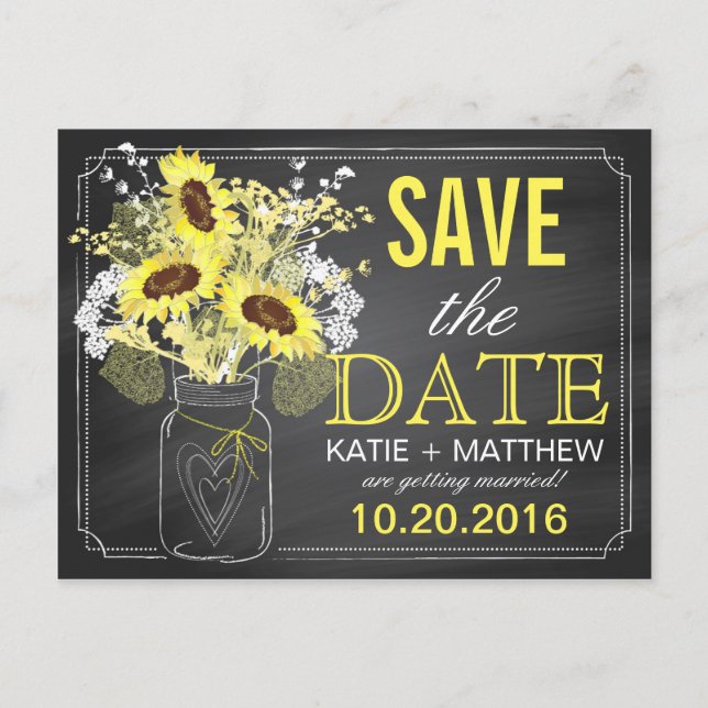 Chalkboard Sunflowers Modern Rustic Save the Date Announcement Postcard (Front)