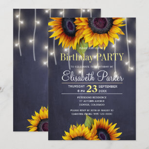 Chalkboard sunflowers rustic navy birthday party invitation