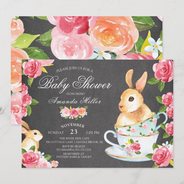 Chalkboard Sweet Bunny Baby Shower Tea Party Invitation (Front/Back)
