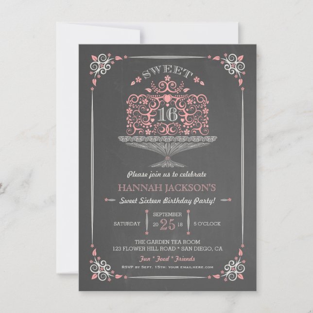 Chalkboard Sweet Sixteen Lacy Cake Invitation (Front)
