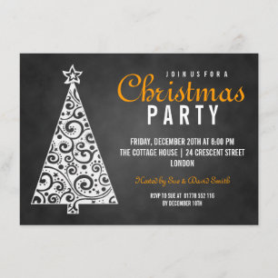 Chalkboard Swirly Christmas Tree Black Orange Invitation