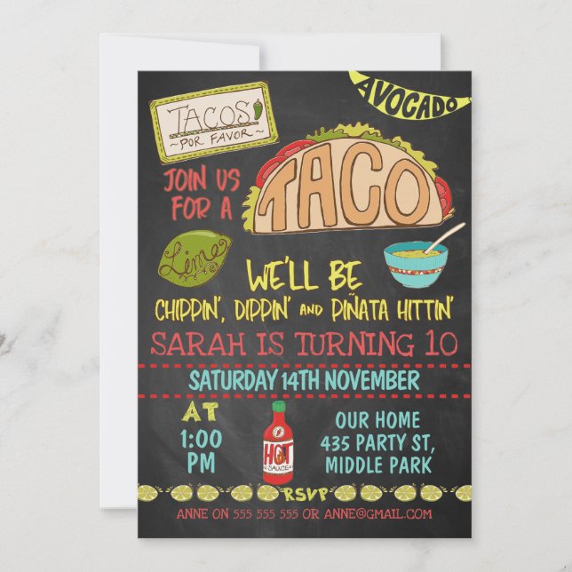 Chalkboard Taco Chippin Dippin Invitation d'annive (Devant)