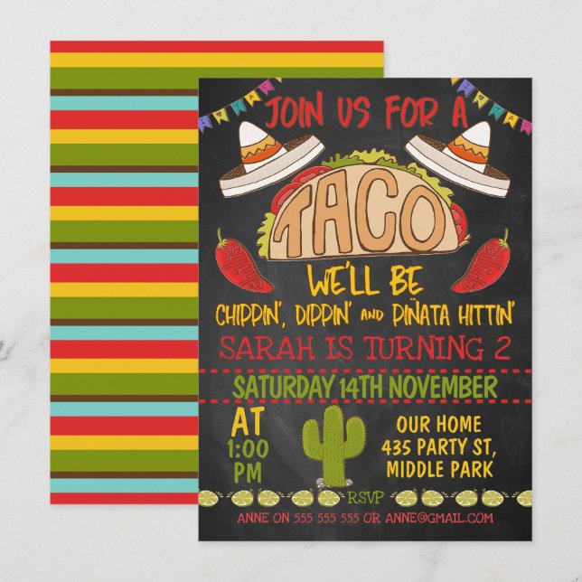 Chalkboard Taco Invitation du 2° anniversaire (Devant / Derrière)