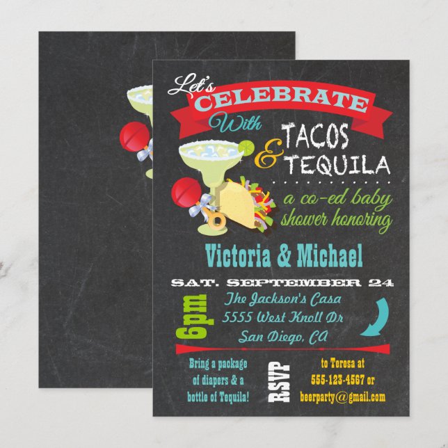Chalkboard Tacos and Tequila Co-ed Baby Shower Invitation (Front/Back)