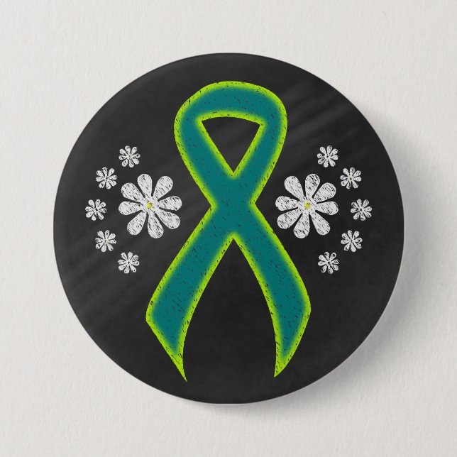 Chalkboard Teal and Lime Green Ribbon 3 Inch Round Button (Front)