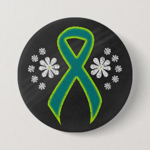 Chalkboard Teal and Lime Green Ribbon 3 Inch Round Button