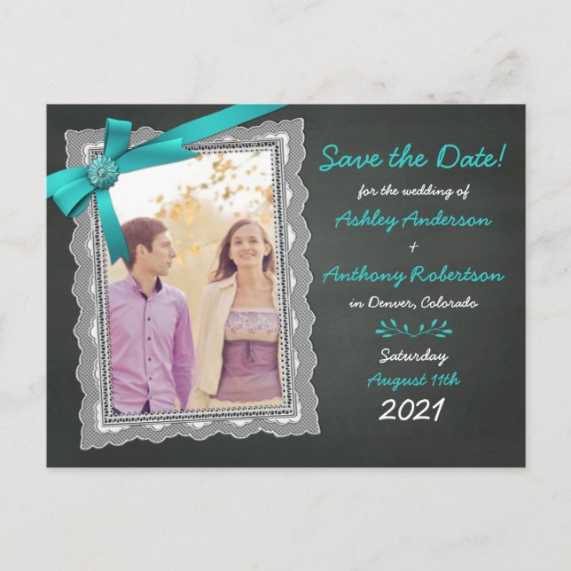 Chalkboard Teal Bow Photo Wedding Save the Date Announcement Postcard (Front)