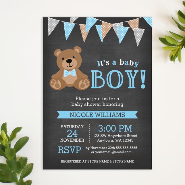 Chalkboard Teddy Bear Boy Baby Shower Invitation (Creator Uploaded)