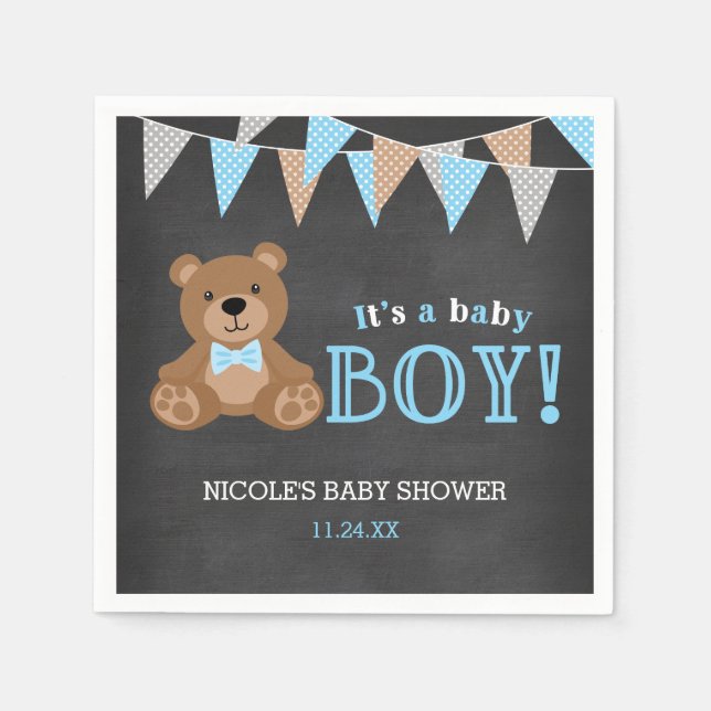 Chalkboard Teddy Bear Boy Baby Shower Napkin (Front)