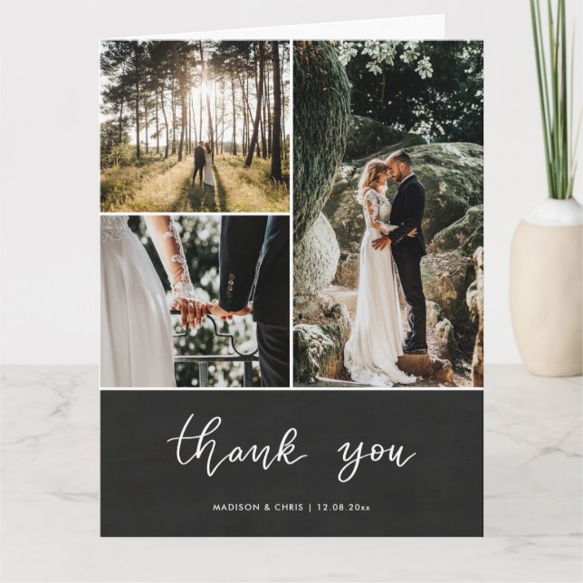 Chalkboard Thank You Script Wedding Photo Collage Card (Front)