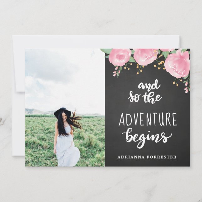 Chalkboard The Adventure Begins | Graduate Photo Invitation (Front)