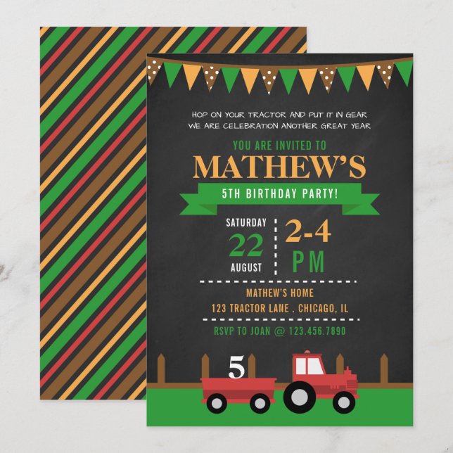 Chalkboard Tractor/Farm Birthday Party Invitation (Front/Back)