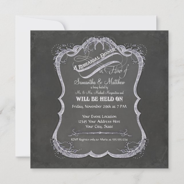 Chalkboard Typographic Leaf Swirl Rustic Wedding Invitation (Front)