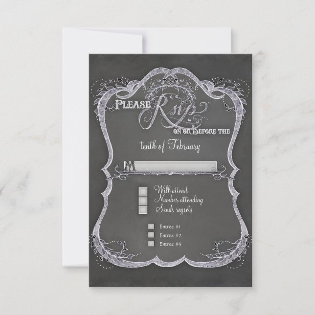 Chalkboard Typographic Leaf Swirl Rustic Wedding RSVP Card (Front)