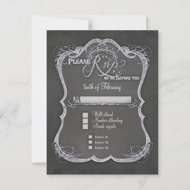 Chalkboard Typographic Leaf Swirl Rustic Wedding RSVP Card (Front)