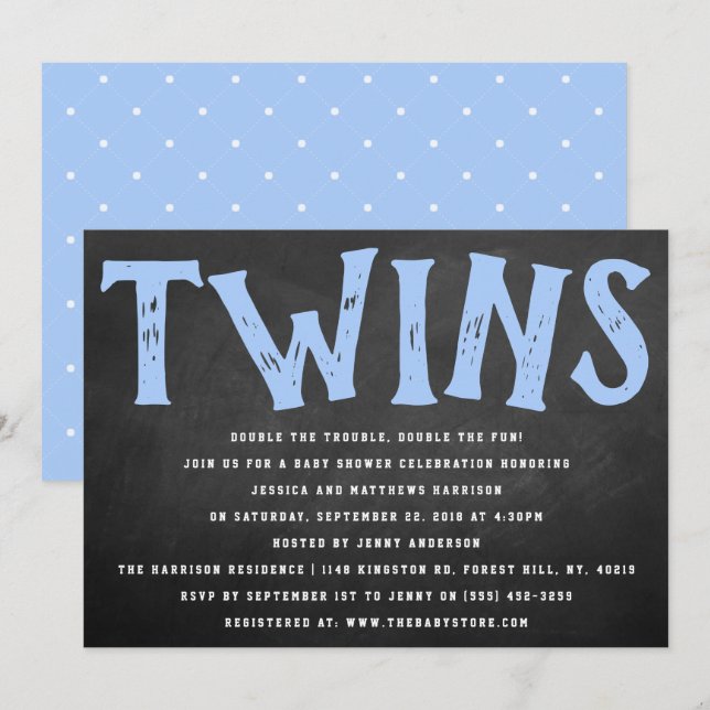 Chalkboard Typography Twin Boys Baby Shower Invitation (Front/Back)