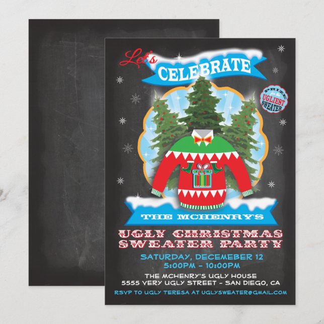 Chalkboard Ugly Christmas Sweater Invitations (Front/Back)