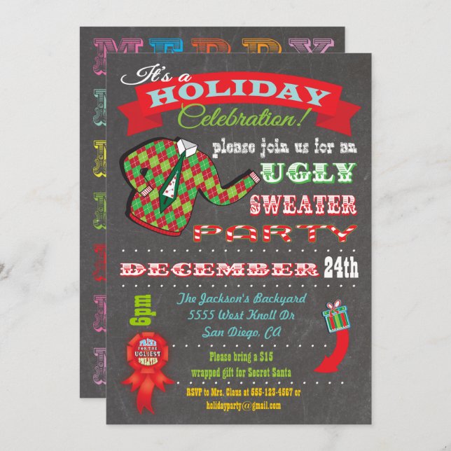 Chalkboard Ugly Sweater Christmas Party Invitation (Front/Back)