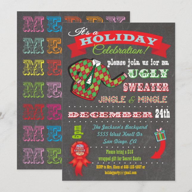 Chalkboard Ugly Sweater Christmas Party Invitation (Front/Back)