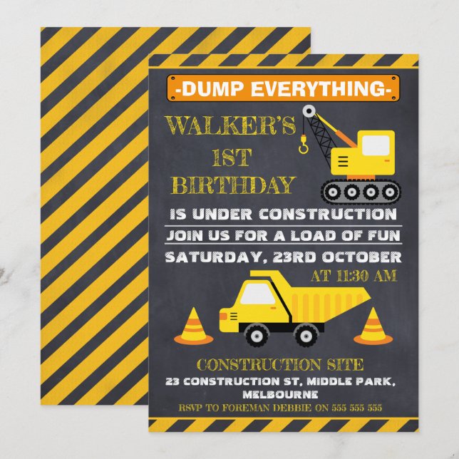 Chalkboard Under Construction Birthday Invitation (Front/Back)