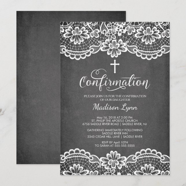 Chalkboard Vintage Lace Confirmation Invitation (Front/Back)