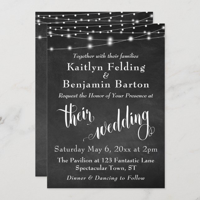 Chalkboard w/ String Lights, Typography Wedding Invitation (Front/Back)