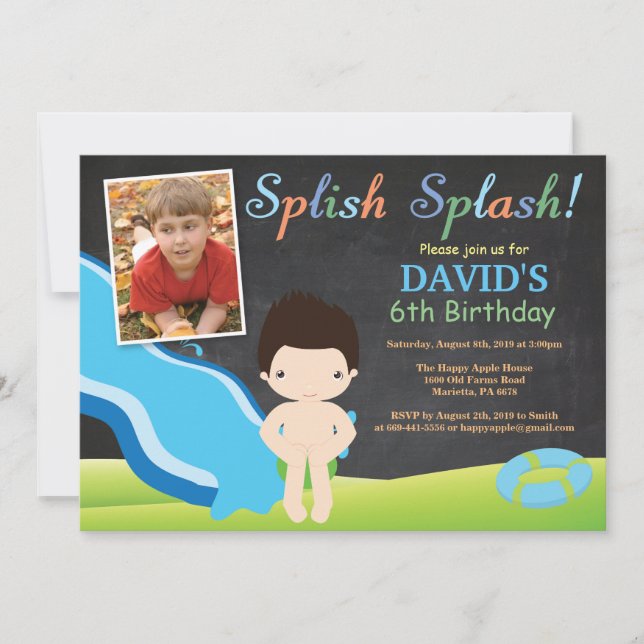 Chalkboard Water Slide Pool Birthday Party Boy Invitation (Front)