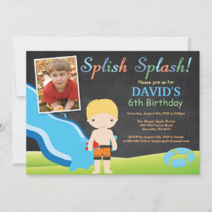 Chalkboard Water Slide Pool Birthday Party Boy Invitation